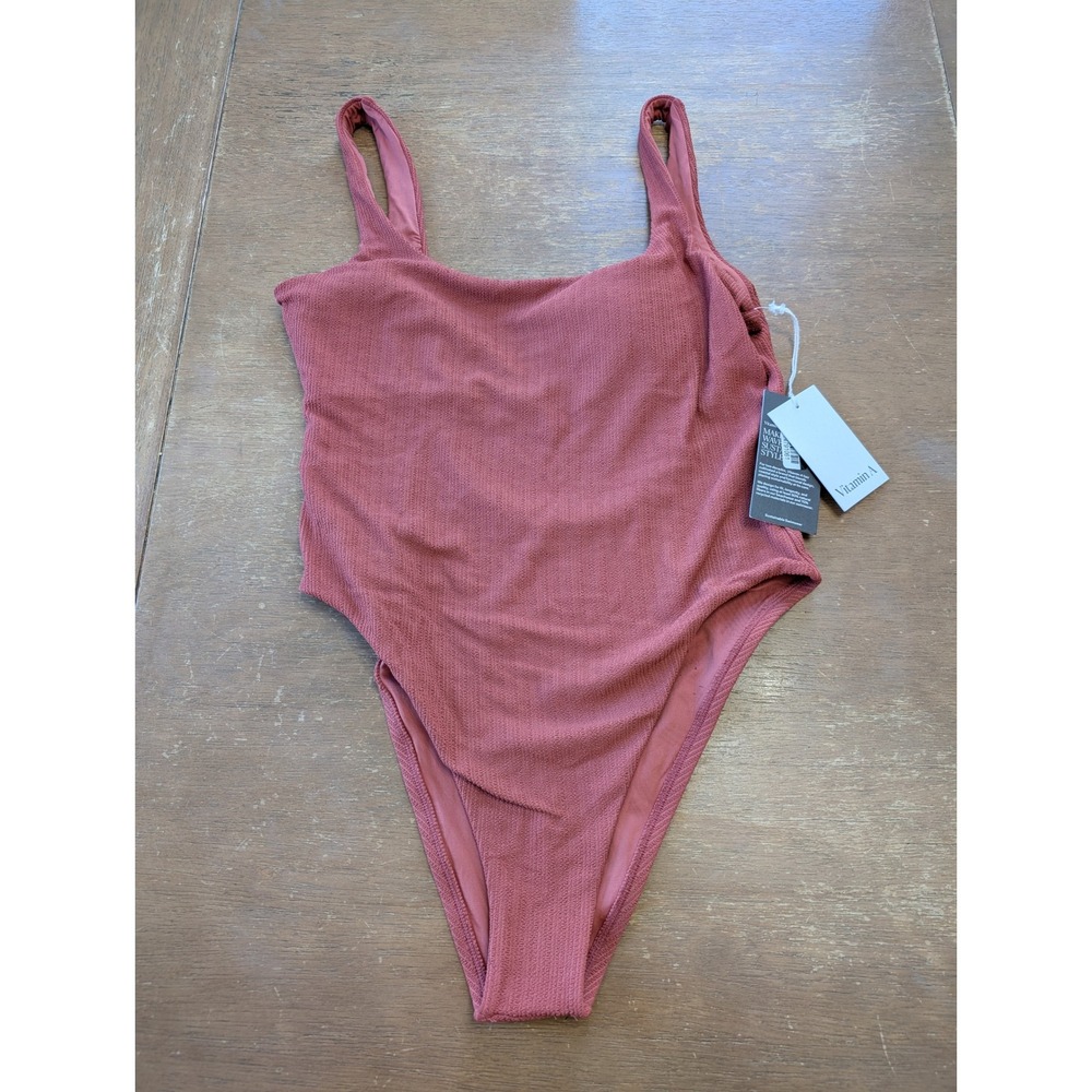 Vitamin A Womens XL Terracotta Rose Ribbed Square Neck One Piece‎ Swimsuit NWT